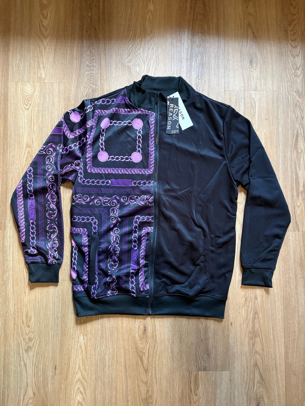 Reason Brand split-design track jacket Black/Purple Men Size Large New with Tags